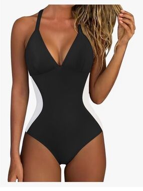 Black One-Piece Swimsuit with White Side Panels